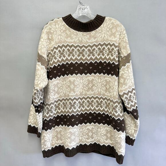 Vintage 90s Basic Editions Brown Fair Isle Mock Neck Sweater Size medium - Picture 2 of 15